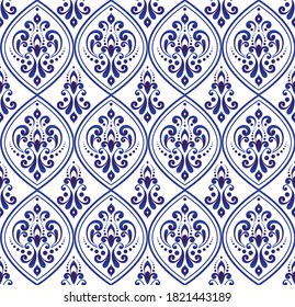 patrón real azul y blanco, fondo barroco sin soldadura estilo clásico islámico, elementos adamascados vintage para textura de diseño, seda, tela, suelo y pared, decoración de papel pintado Abstract Orient vector