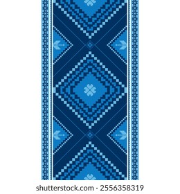 A blue and white rug with a blue diamond pattern. The rug is made of a soft material and has a unique design that makes it stand out. The blue and white colors complement each other well