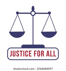 A blue and white scale with the words Justice for All written below it. The scale is a symbol of justice and fairness