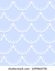 Blue and white scalloped lacy edge embroidery, seamless pattern, vector