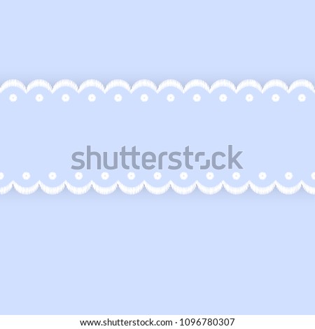 Blue and white scalloped lacy edge embroidery ribbon, seamless border, vector