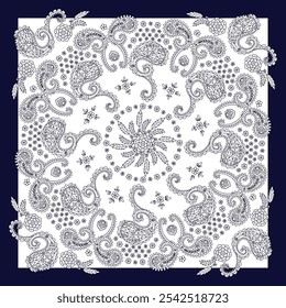 Design de lenço ou bandana azul e branco com padrão de mandala paisley e elementos florais. Design de tapete monocromático étnico.