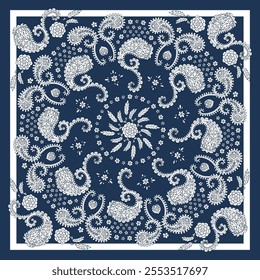 Blue and white scarf or bandana design with paisley mandala pattern and floral elements. Ethnic monochrome carpet design.