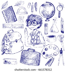 Blue and white school vector illustration. Student, globe, backpack, briefcase, pencil, pen, ruler, protractor, notebook, magnifying glass, flask, compass, scissors, eraser, box, cutter, glue.