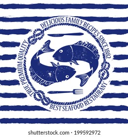 Blue white seafood restaurant emblem with fish, fork and knife on a striped background