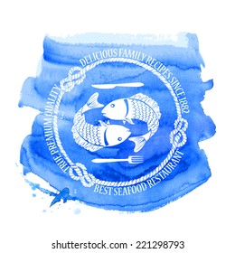 Blue white seafood restaurant emblem with fish, fork and knife on a watercolor background