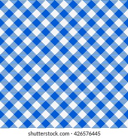 Blue and white seamless checkered tablecloth. Traditional gingham pattern, checkered fabric, tablecloth texture. Vector illustration. 