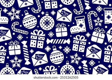 Blue and white seamless Christmas pattern. New Year repeating pattern wit candy, gift boxes, snowflakes, Christmas balls and letters.