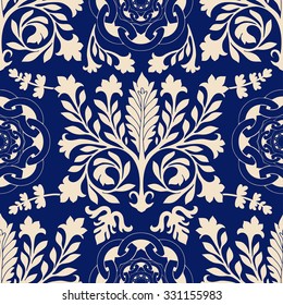 Blue and white seamless damask pattern. Drawn classic arabian background. Hand drawn damask backdrop. Design for wallpaper, fabric, textile, cover, home decor
