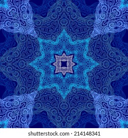 Blue - white seamless decorative pattern with ornamental rosette, christmas snowflake