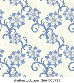 Patrón Floral Inconsútil Azul Y Blanco Con Elegantes Vides Y Flores De Desplazamiento, Ideal Para Textiles O Fondo de pantalla.