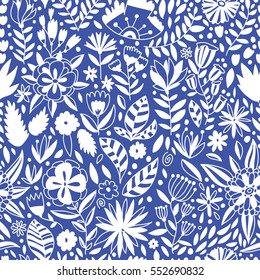 Blue and white seamless floral pattern.