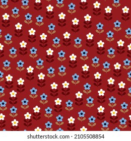 flor vectorial floral azul y blanco sin soldadura patrón de flores pequeñas en fondo rojo