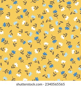blue and white seamless floral vector small flowers with leaves pattern on yellow background