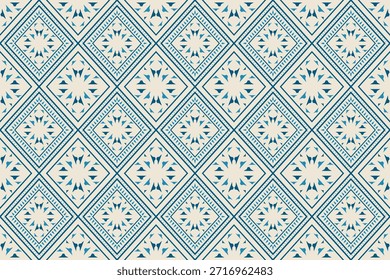 Blue and white seamless geometric pattern with repeating diamond shapes and star motifs. Clean tile-inspired design perfect for fabric, wallpaper, textile, ceramic and surface design.