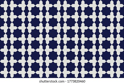 Blaues und weißes, nahtloses marokkanisches Muster. Arabischer geometrischer abstrakter Hintergrund. Islamisches Mosaik-Design. Wanddekorationselement
