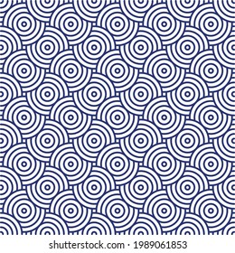 Blue and White Seamless Pattern Background. Overlapping Circles Pattern.