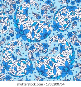 Blue and white seamless pattern with beautiful floral ornaments. Traditional Turkish, Indian motifs. Great for fabric and textile, wallpaper, packaging or any desired idea.