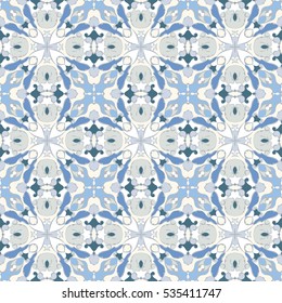 Blue and white seamless pattern in the classical style for the Christmas or festive wrapping paper.
