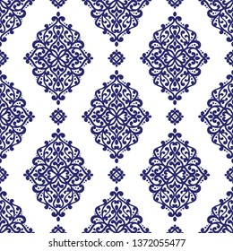 Blue and white seamless pattern with decorative Illustration. Traditional oriental motifs. Vintage ornament template. Paisley elements. Great for fabric and textile.