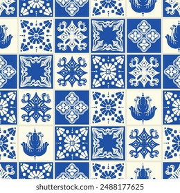 The blue and white seamless pattern displays symmetrical geometric designs. Ceramic tile abstract background