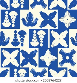 The blue and white seamless pattern displays symmetrical geometric designs. Ceramic tile abstract background