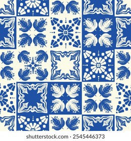 The blue and white seamless pattern displays symmetrical geometric designs. Ceramic tile abstract background