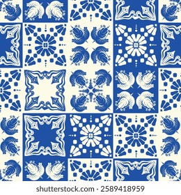 The blue and white seamless pattern displays symmetrical geometric designs. Ceramic tile background