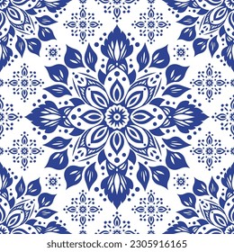 Patrón transparente azul y blanco con adorno de mandala. Motivos tradicionales árabes e indios. Ideal para tejidos y textiles, papel pintado, embalaje o cualquier idea deseada.