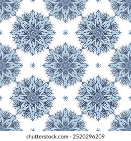Blaues und weißes nahtloses Muster mit Mandala-Ornament. Traditionelle arabische, indische Motive. Ideal für Stoff und Textilien, Tapeten, Verpackungen oder jede gewünschte Idee.