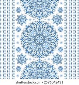 Blue and white seamless pattern with mandala ornament. Traditional Arabic, Indian motifs. Great for fabric and textile, wallpaper, packaging or any desired idea.