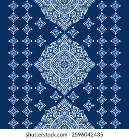 Blue and white seamless pattern with mandala ornament. Traditional Arabic, Indian motifs. Great for fabric and textile, wallpaper, packaging or any desired idea.
