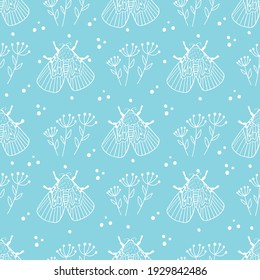 Blue and white seamless pattern with moths and butterflies. Textile and wrapping design. Vector illustration.