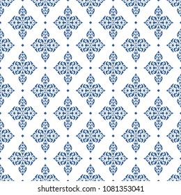 Blue and white seamless pattern. Ornament, Traditional, Ethnic, Arabic, Turkish, Indian motifs. Great for fabric and textile, wallpaper, packaging or any desired idea. 