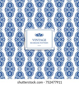Blue and white seamless pattern. Ornament. Traditional, Arabic, Turkish, Indian motifs. Great for fabric and textile, wallpaper, packaging or any desired idea.
