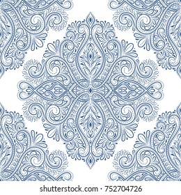 Blue and white seamless pattern. Ornament. Floral, lace pattern. Paisley elements. Traditional, Arabic, Turkish, Indian motifs. Great for fabric and textile, wallpaper, packaging or any desired idea.