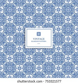 Blue and white seamless pattern. Ornament. Floral pattern. Traditional, Arabic, Turkish, Indian motifs. Great for fabric and textile, wallpaper, packaging or any desired idea.