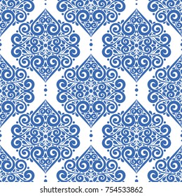 Blue and white seamless pattern. Ornament. Floral pattern. Paisley elements. Traditional, Arabic, Turkish, Indian motifs. Great for fabric and textile, wallpaper, packaging or any desired idea.