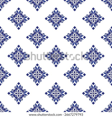 Blue and white seamless pattern. Porcelain background. Chinaware design. Abstract shape backdrop for design ceramic, tile, texture, wall, paper and fabric. Damask wallpaper vector illustration