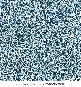 A blue and white seamless pattern of small maze-like shapes, resembling the texture of fabric or material with fine lines and curves.It would be suitable for use as a wallpaper or textile design.