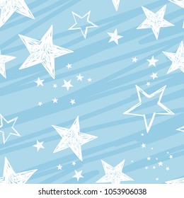 Blue and white seamless pattern with stars, spots. Decorative wallpaper, good for printing. Hand drawn overlapping background, texture with decor elements, lines and shapes. Design backdrop vector