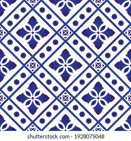 blue and white seamless pattern, vintage floral background for design ceramic, chinaware, pottery, earthenware, mosaic, texture, indigo, textile, batik, tiles, tiled, arabesque wallpaper, vector