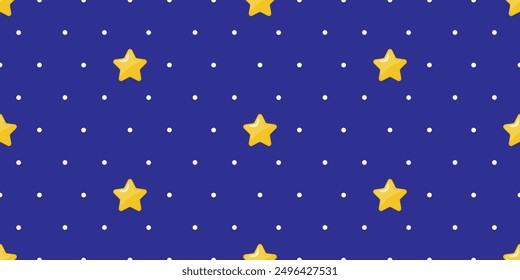 Blue and white seamless polka dot pattern with stars. Uniform white round dots and yellow stars on a blue background. This pattern is for textiles, wallpapers and digital backgrounds.