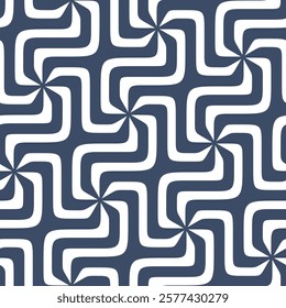 Blue and white seamless repeating pattern with a geometric composition of wavy, thick lines forming optical swirls. Modern retro-style design. Abstract texture. Vector illustration.