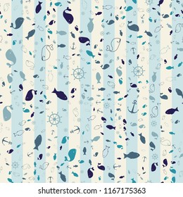 Blue and white seamless texture. Vector illustration. marine motifs scattered randomly. Pisces