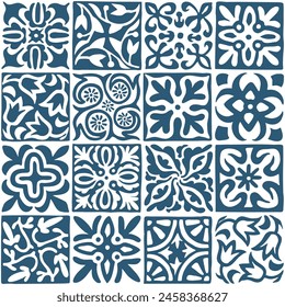 Blue and white seamless tile pattern. Ornament in the style of patchwork.