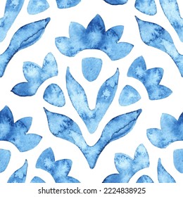 Blue and white seamless watercolor pattern. Isolated ornament on a white background. Cute floral pattern. Vector illustration.