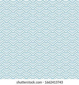 Blue and white seamless wave pattern. Linear waves background. Abstract geometric ornament. Sea or ocean texture. Vector illustration in flat style. EPS 10.