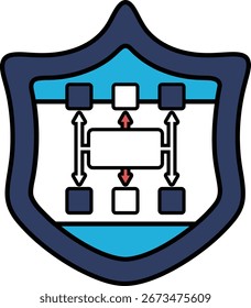 Un escudo azul y blanco con una flecha blanca que apunta a la derecha. El escudo está diseñado para representar una barrera protectora o escudo