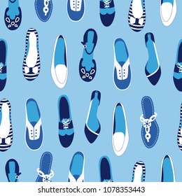 Blue and white shoes. Seamless pattern. Vector illustration.